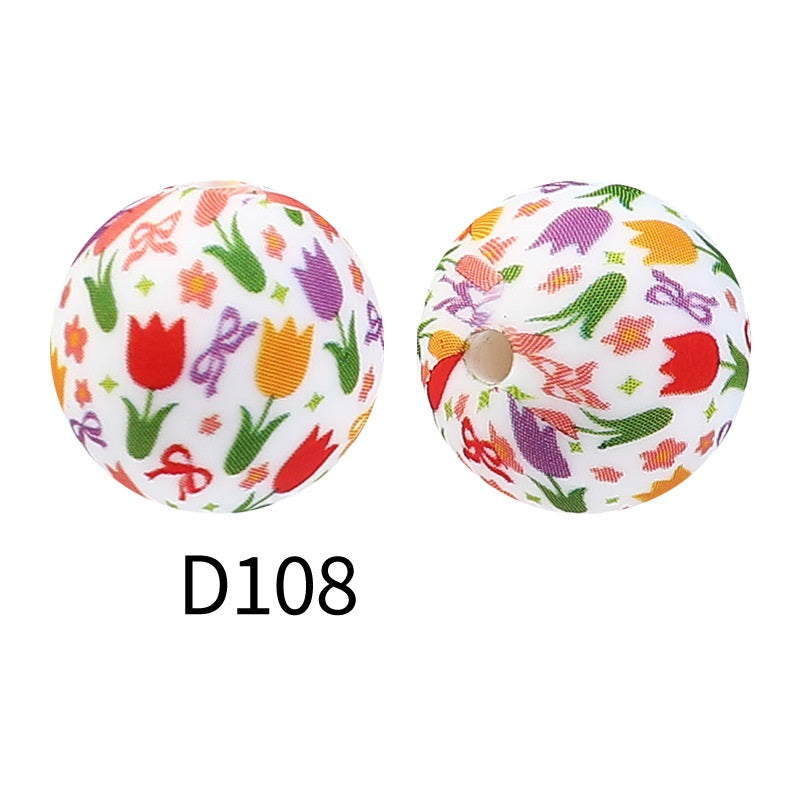 15mm Round Silicone Beads Floral Pattern Printed Design 50pcs 10