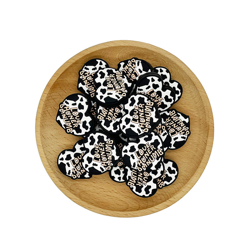 Silicone Focal Beads Heart Love Huner Dmnumb Black and White Cow Print 20pcs 2