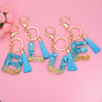 Blue Resin Tassel Monogram Keychain with Gold Flake Accent