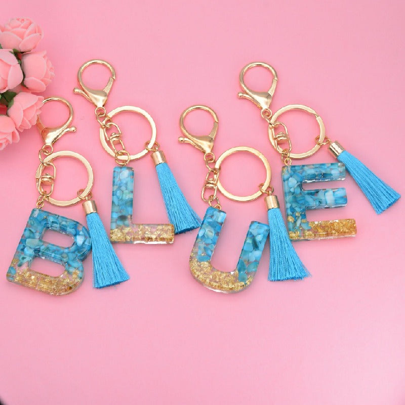 Blue Resin Tassel Monogram Keychain with Gold Flake Accent