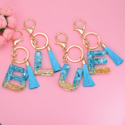 Blue Resin Tassel Monogram Keychain with Gold Flake Accent