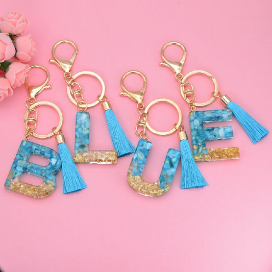 Blue Resin Tassel Monogram Keychain with Gold Flake Accent