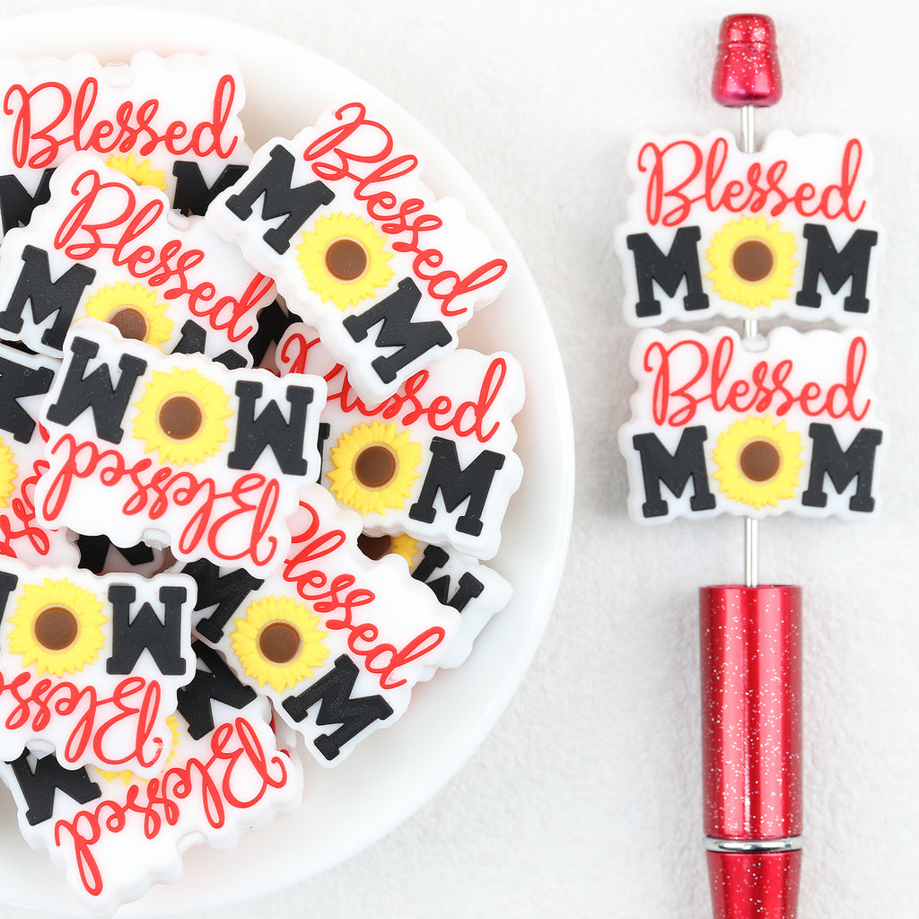 Sunflower Mom Silicone Focal Beads Wholesale, White Red Lettering Yellow Flower Design