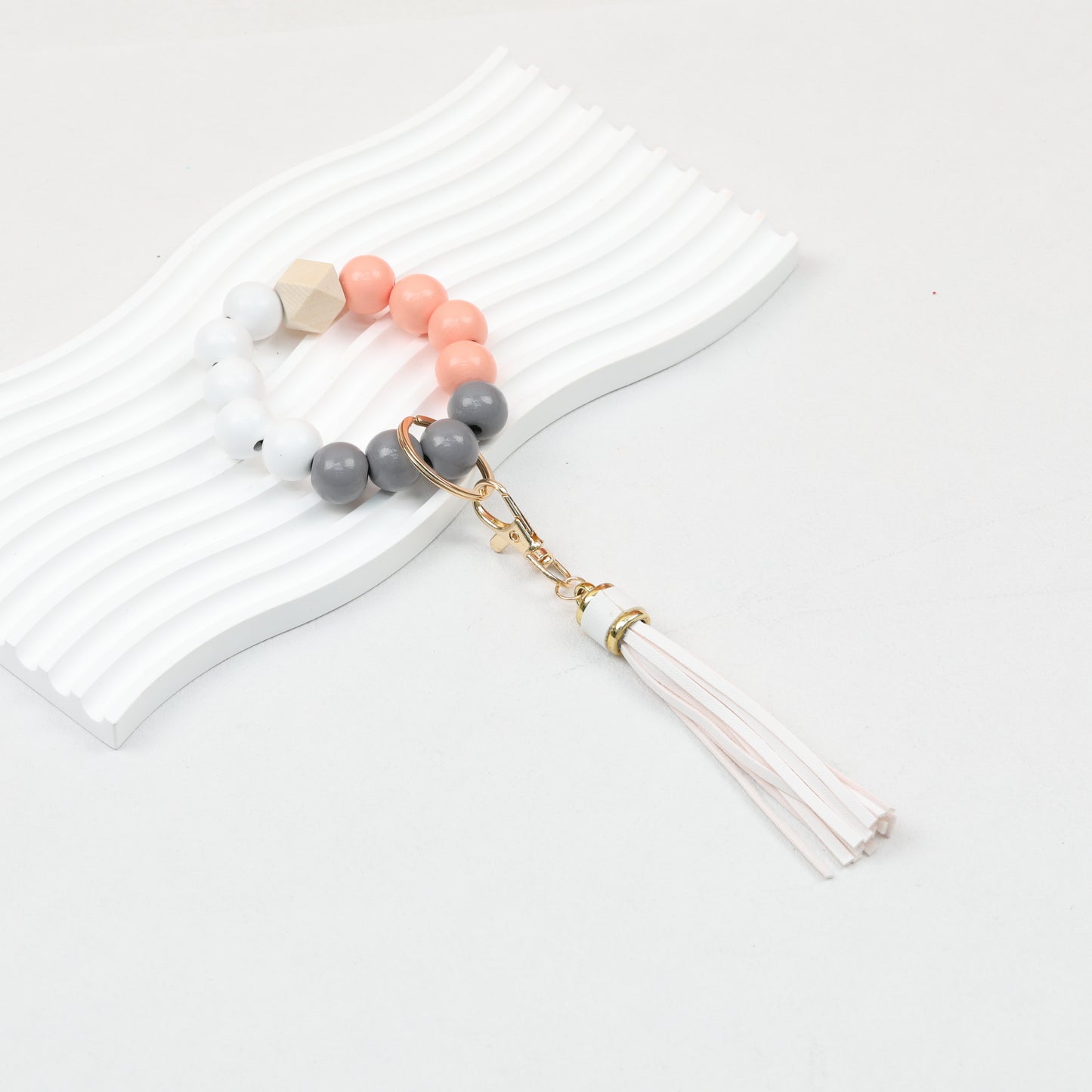 Tassel Wooden Beaded Keychain with PU Leather Tassel 23x10cm