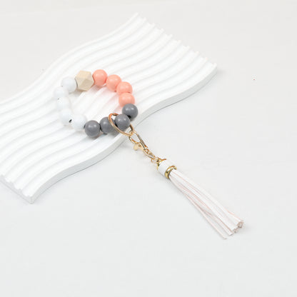 Tassel Wooden Beaded Keychain with PU Leather Tassel 23x10cm