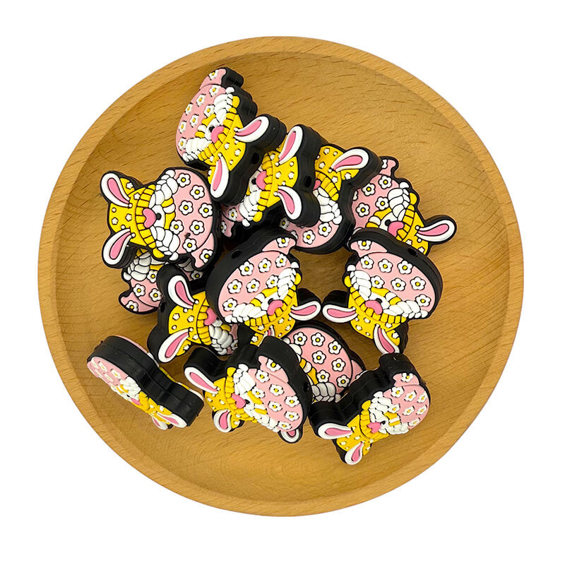 Silicone Focal Beads Easter Rabbit Wearing Yellow Hat Circle Badge 2