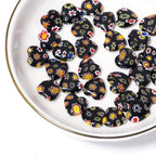 Millefiori Heart Glass Beads 11mm Black Floral Pattern 10pcs 3