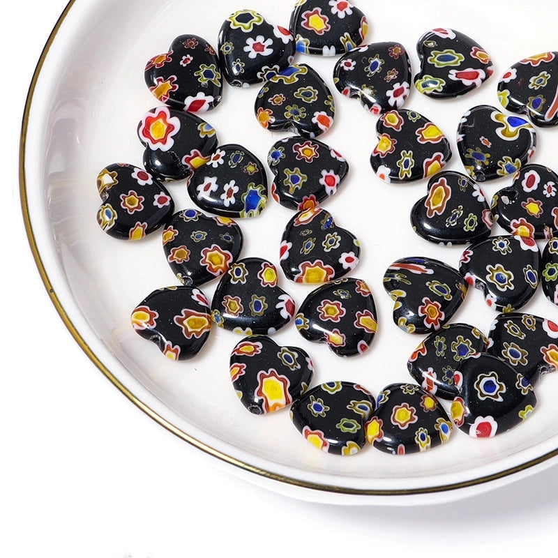 Millefiori Heart Glass Beads 11mm Black Floral Pattern 10pcs 3