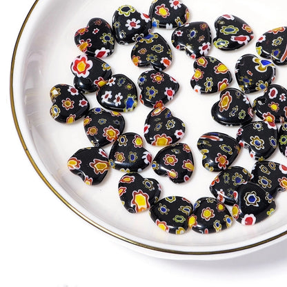 Millefiori Heart Glass Beads 11mm Black Floral Pattern 10pcs 3