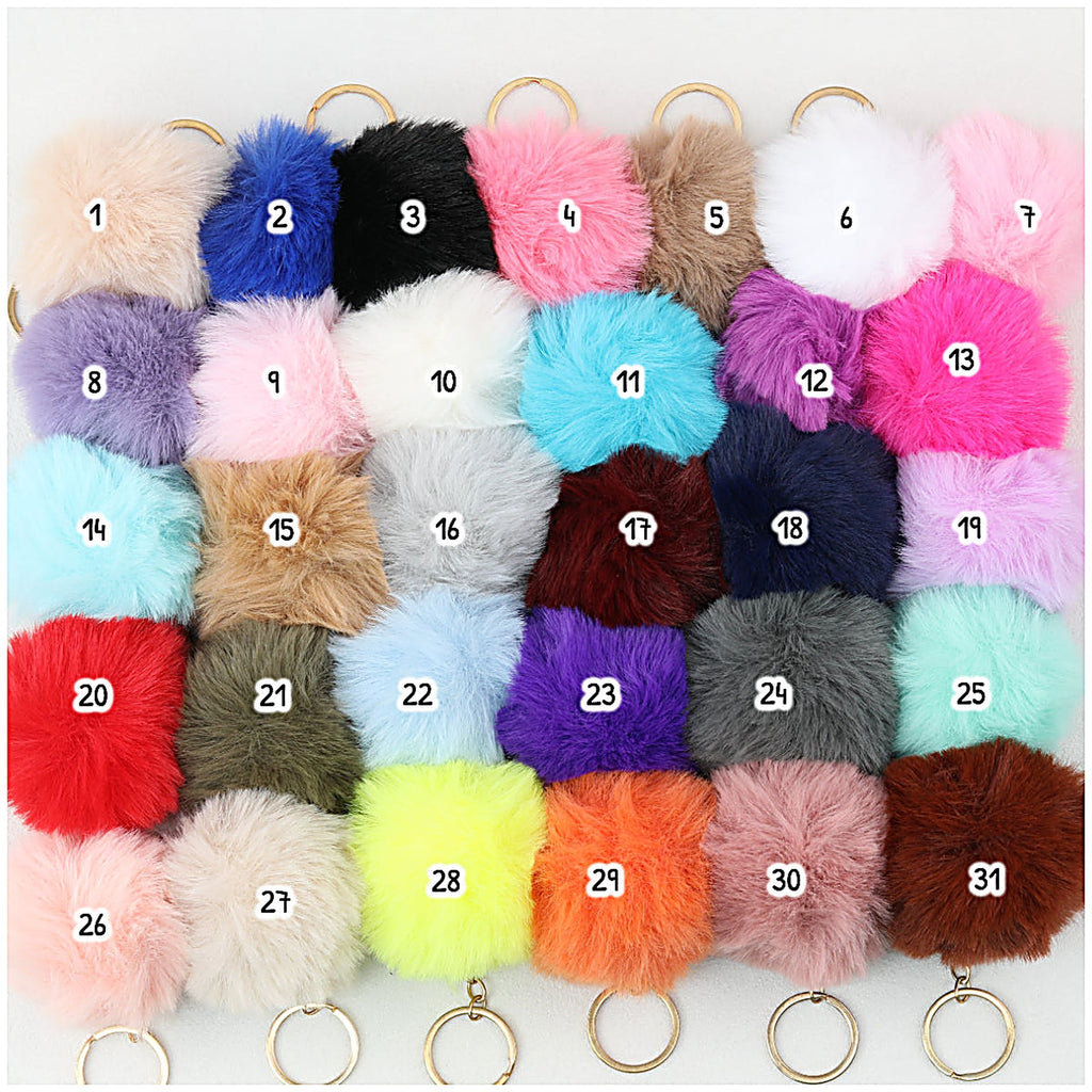 Pom Pom Keychain Plush Violet Faux Fur Ball Gold Ring 8cm