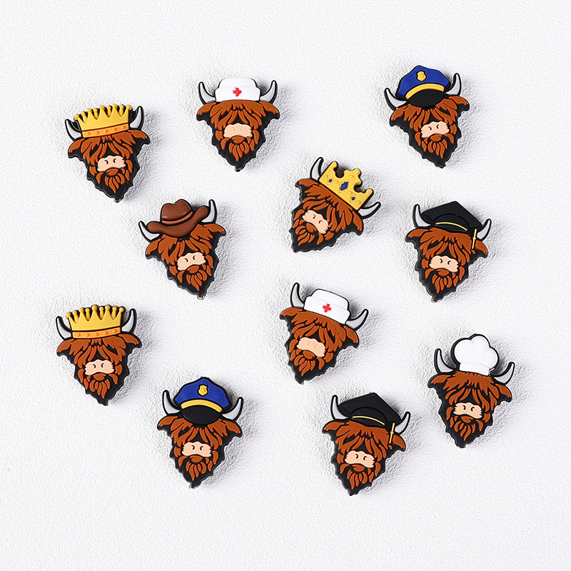 Silicone Focal Beads Highland Cattle Wearing Police Hat Crown 20pcs 8
