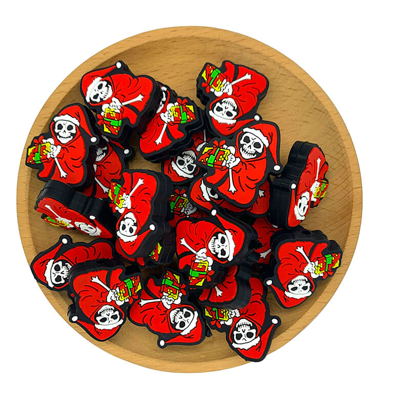 Silicone Focal Beads Skeleton Skull Santa Claus Holding Gift Circle Badge 2