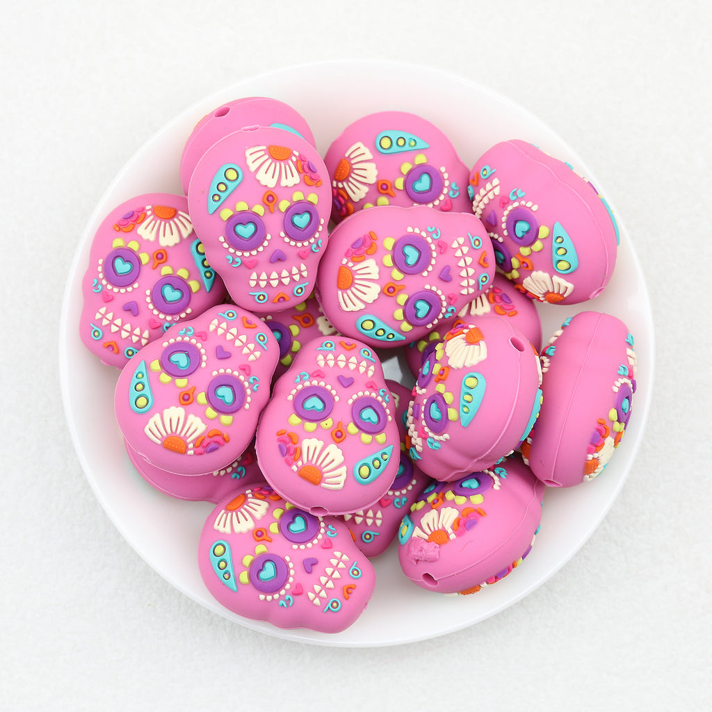 Silicone 3D Focal Beads Floral Skull Pink 20 pcs 2