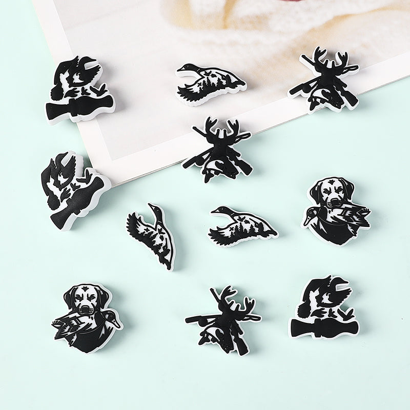 Silicone Focal Beads Hunting Season Black and White Wildlife Silhouettes 20pcs 6