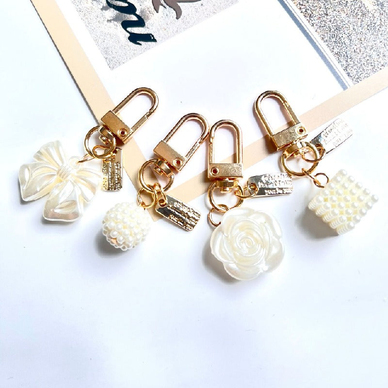Acrylic Bow Rose Flower Keychain with Pearly Charms and Gold Hardware