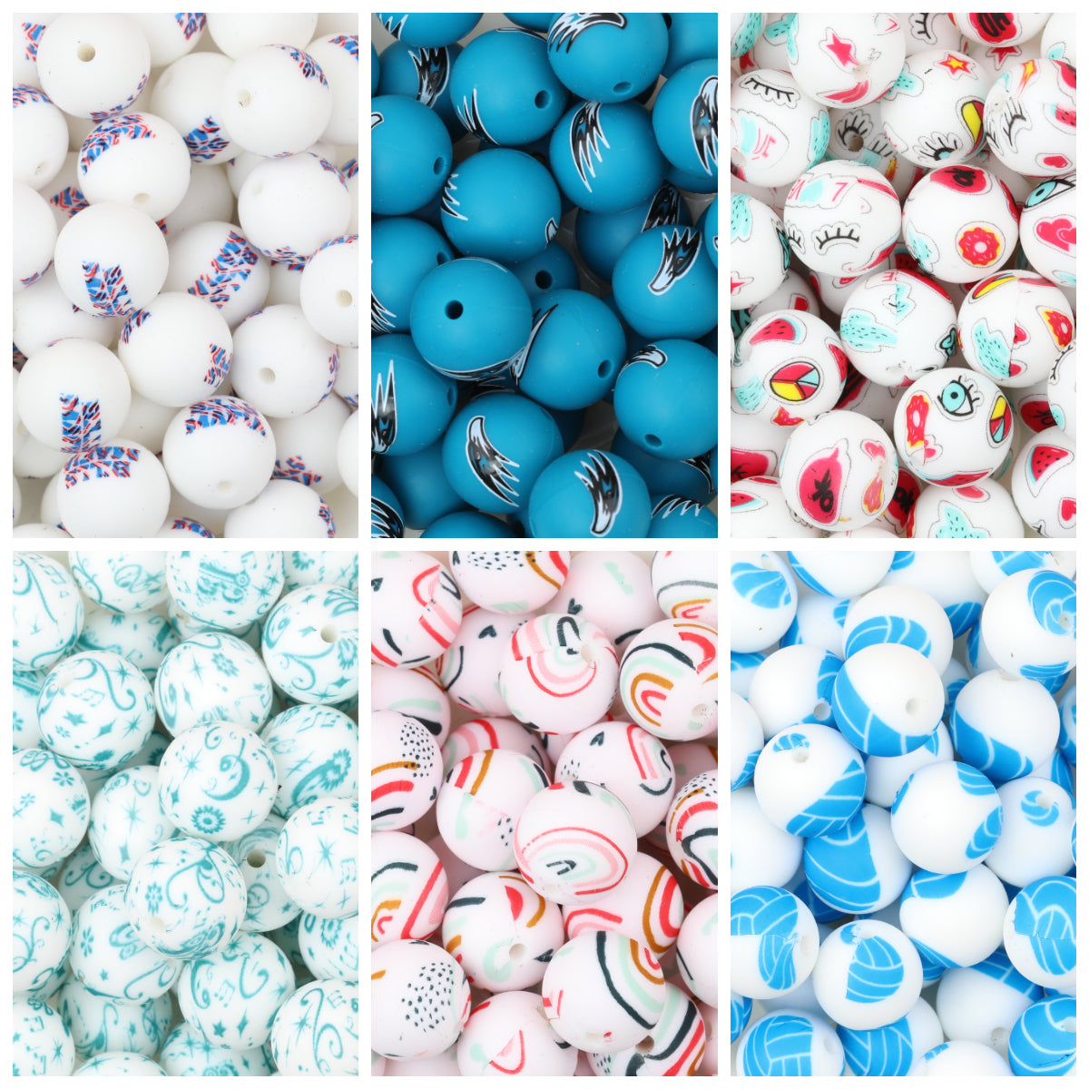15mm Printed Pattern Silicone Beads Colorful Design 50pcs