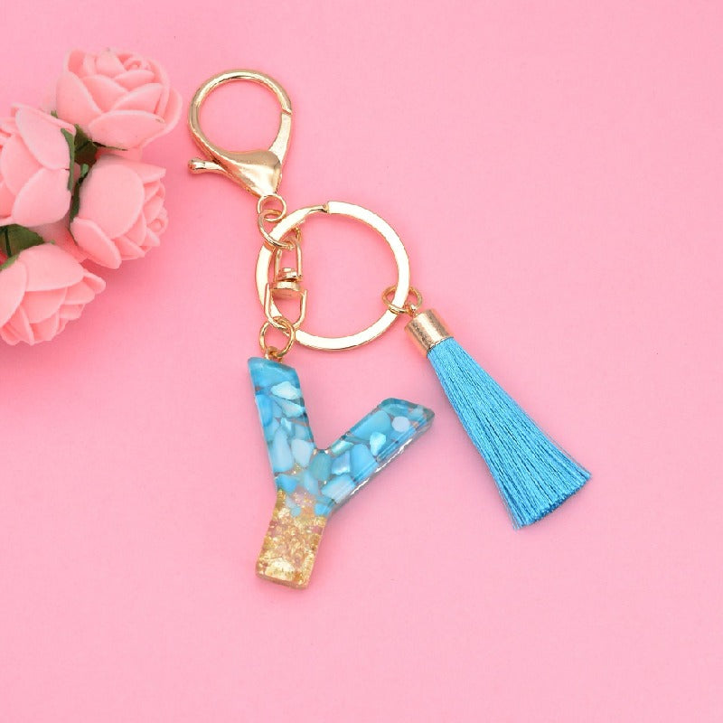 Blue Resin Tassel Monogram Keychain with Gold Flake Accent 27
