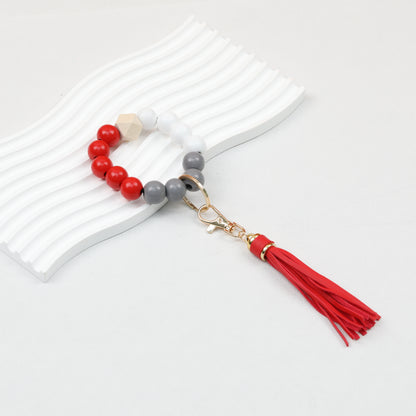 Tassel Wooden Beaded Keychain with PU Leather Tassel 23x10cm