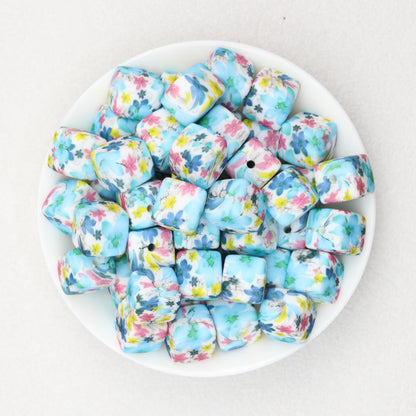 Floral Pattern 13.5mm Square Silicone Beads Printed Design 50pcs 3