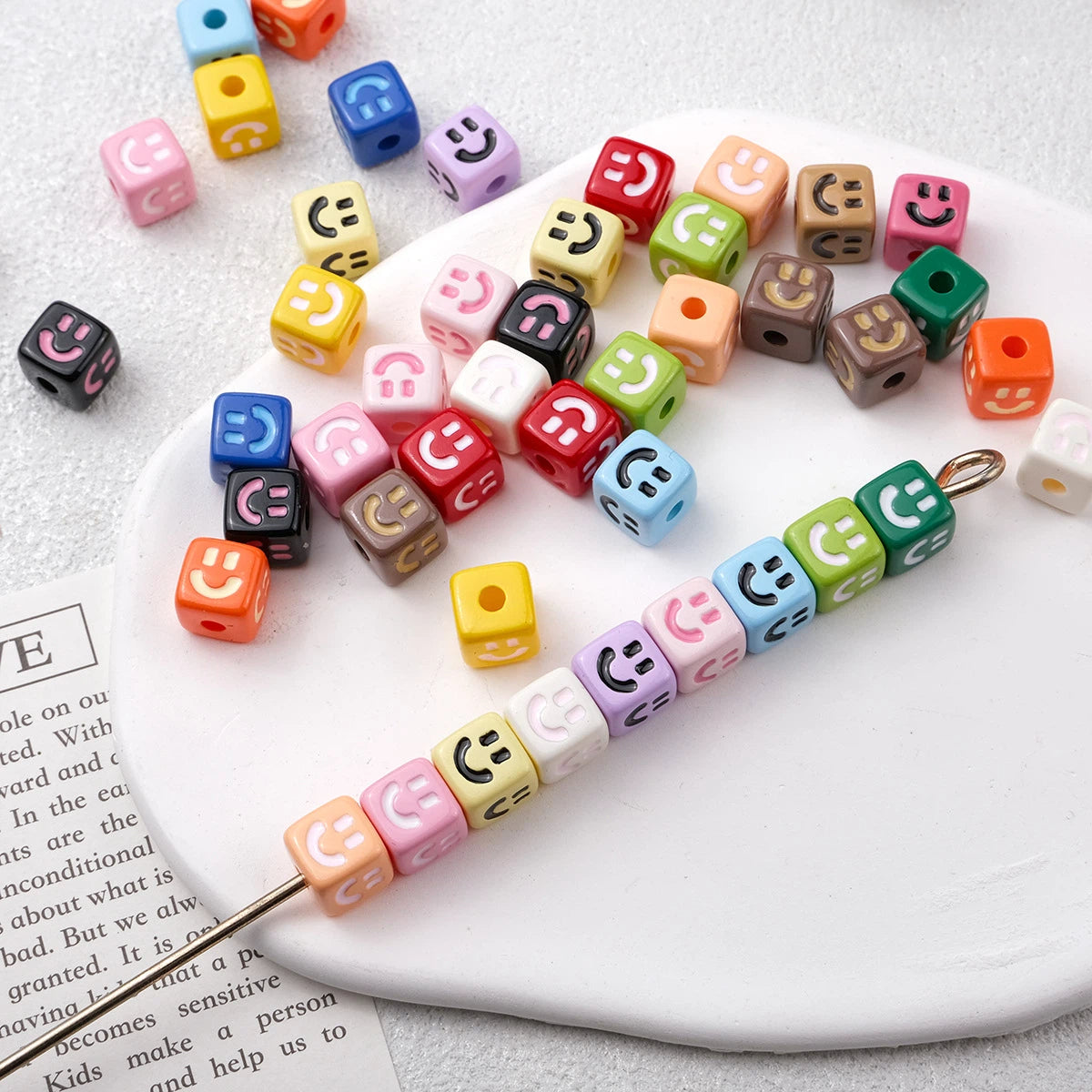 Colorful Smiley Square Acrylic Beads 9mm Enamel Glossy 20pcs