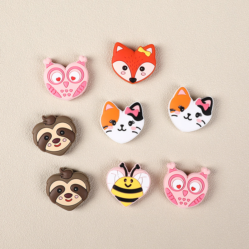 Silicone Focal Beads Valentine Day Heart Shaped Bee Owl Fox Sloth Kitten 20pcs 4