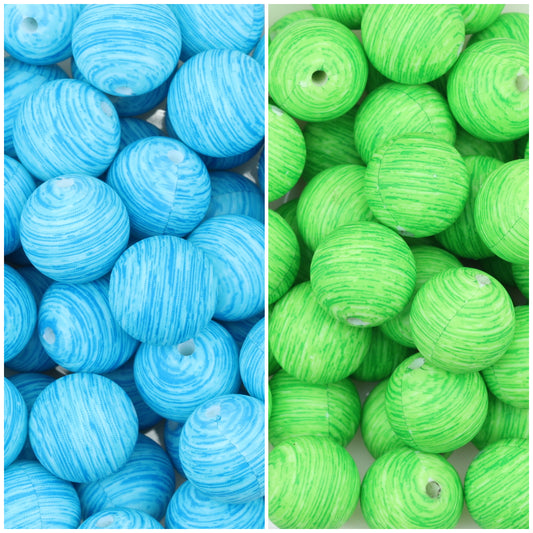15mm Ocean Style Printed Round Silicone Beads Green Blue 50pcs