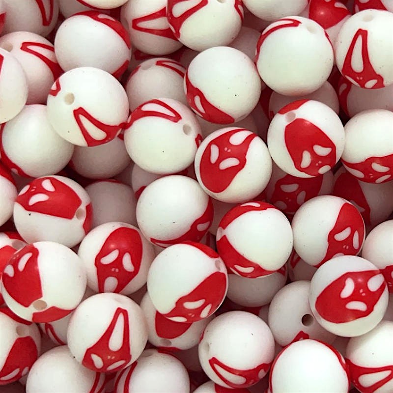 15mm Silicone Beads Red Ghost Face Print 50pcs