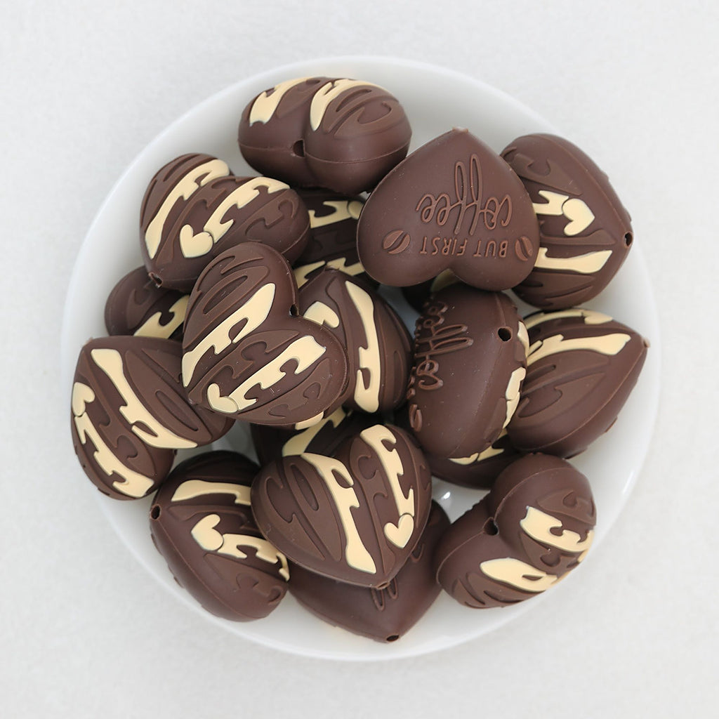 3D Coffee Bean and Heart Silicone Focal Beads Brown Cream 20pcs