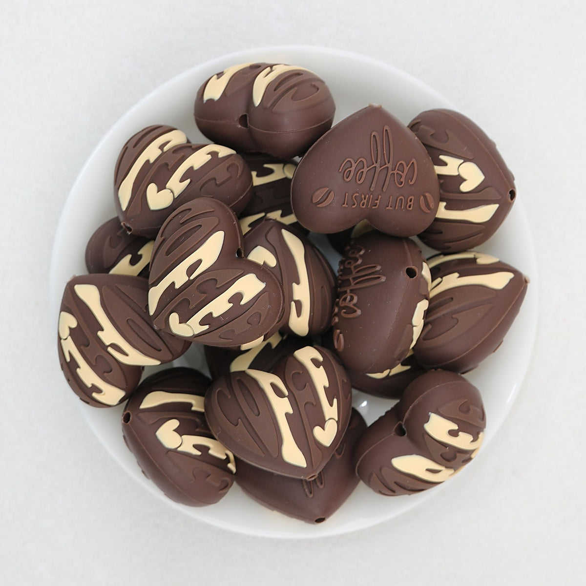 3D Coffee Bean and Heart Silicone Focal Beads Brown Cream 20pcs