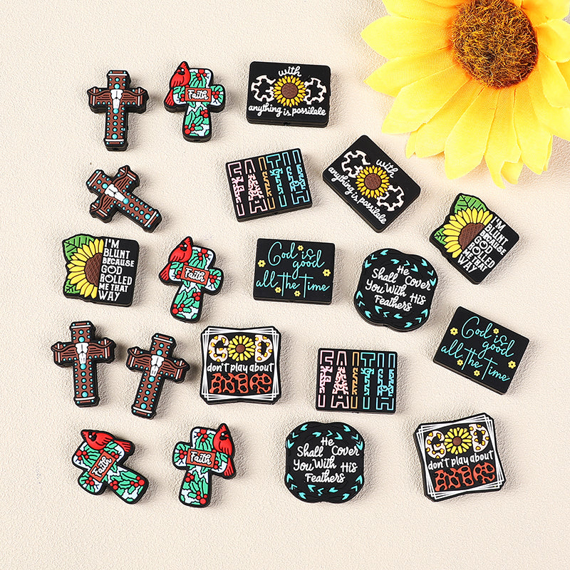 Silicone Focal Beads Jesus Faith Cross With Holly Cardinal 20pcs 10