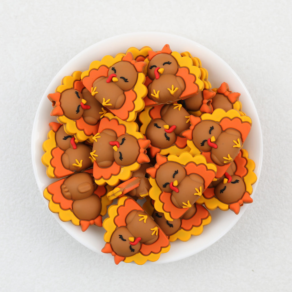 3D Turkey Silicone Focal Beads Wholesale, Thanksgiving Brown Orange Yellow Design