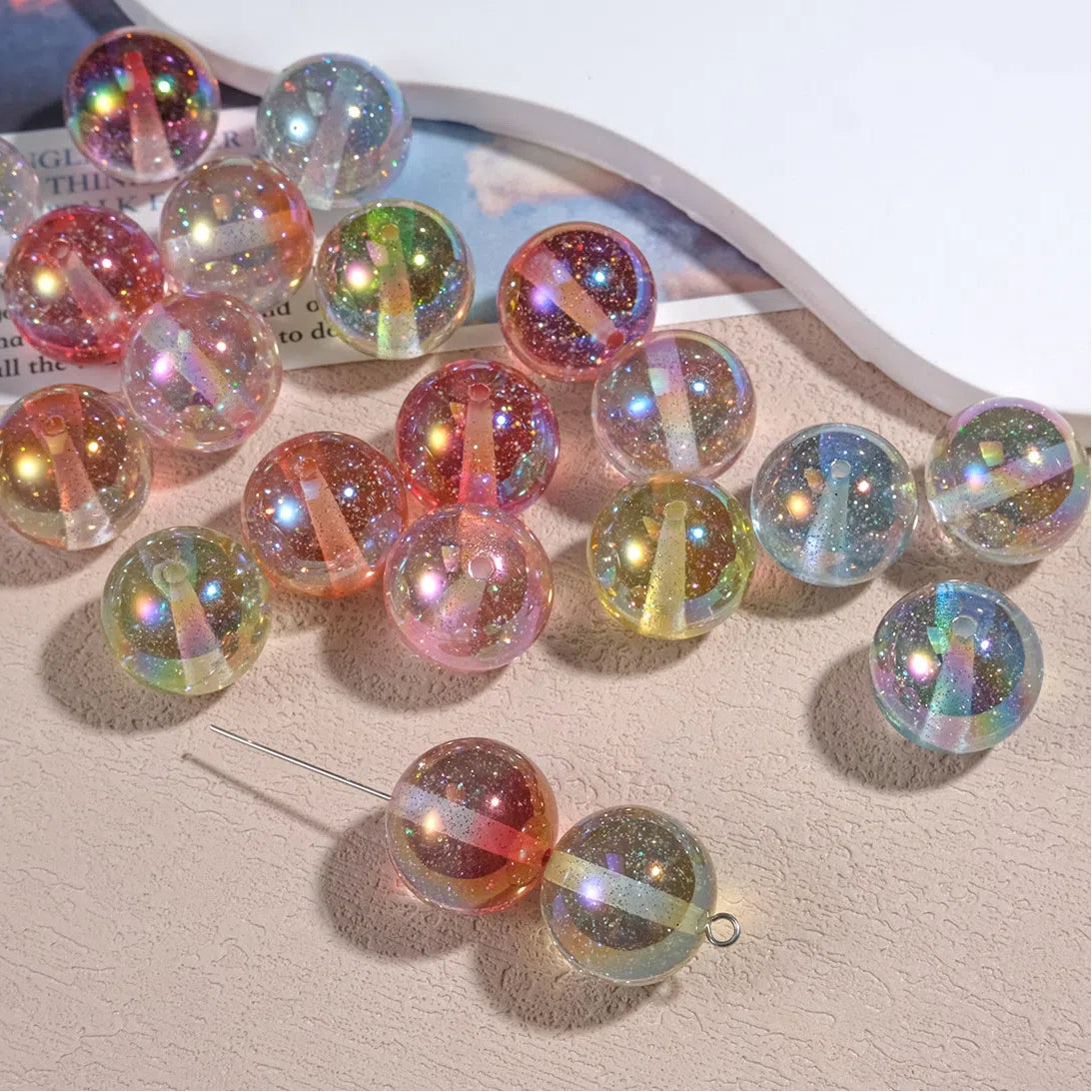 Shimmer Resin Beads 16mm Round UV Plating Glitter Effect 20pcs 2