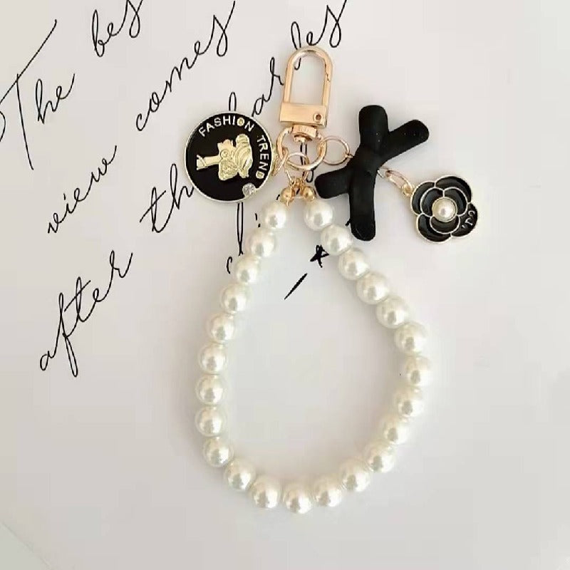 Pearl Beaded Bow Round Charm Keychain Plastic Resin Material 7