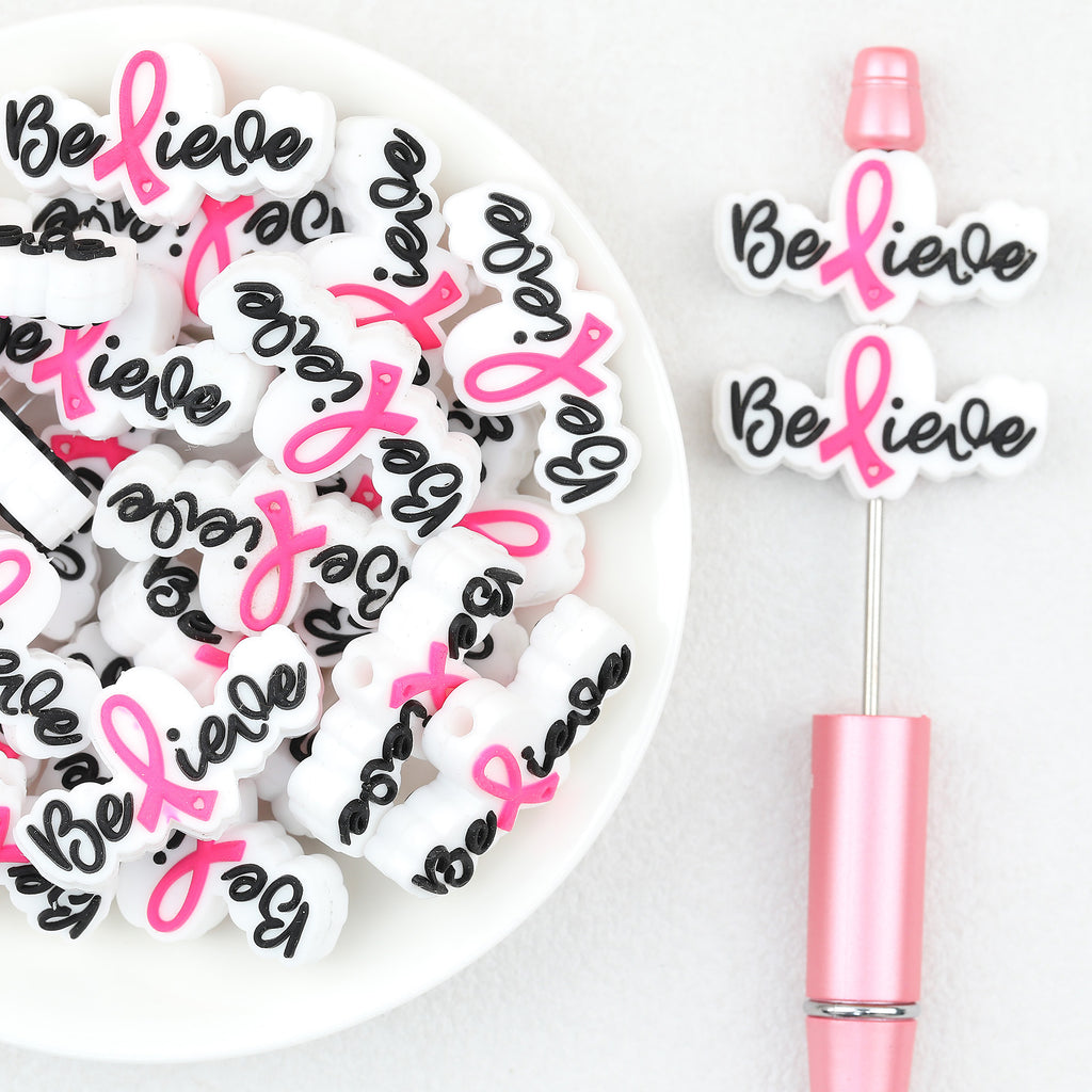 Believe Pink Ribbon Silicone Focal Beads 20 pcs