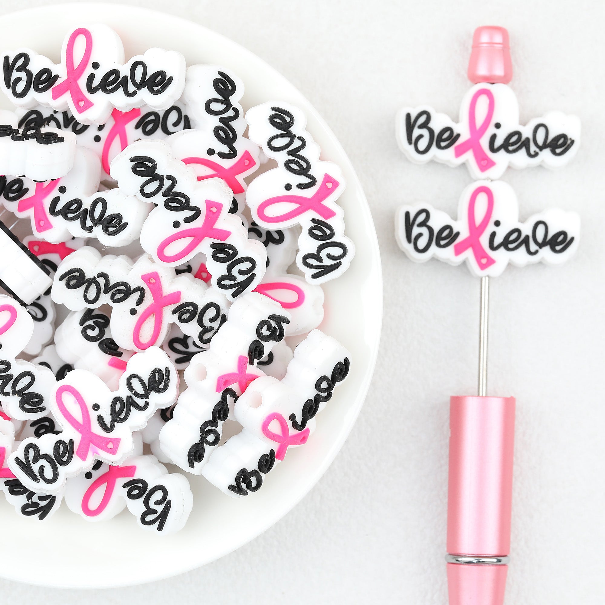 Believe Pink Ribbon Silicone Focal Beads 20 pcs