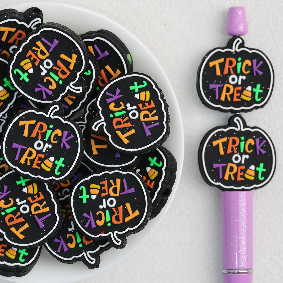 Pumpkin Trick-or-Treat Silicone Focal Beads Wholesale, Halloween Black Letter Design