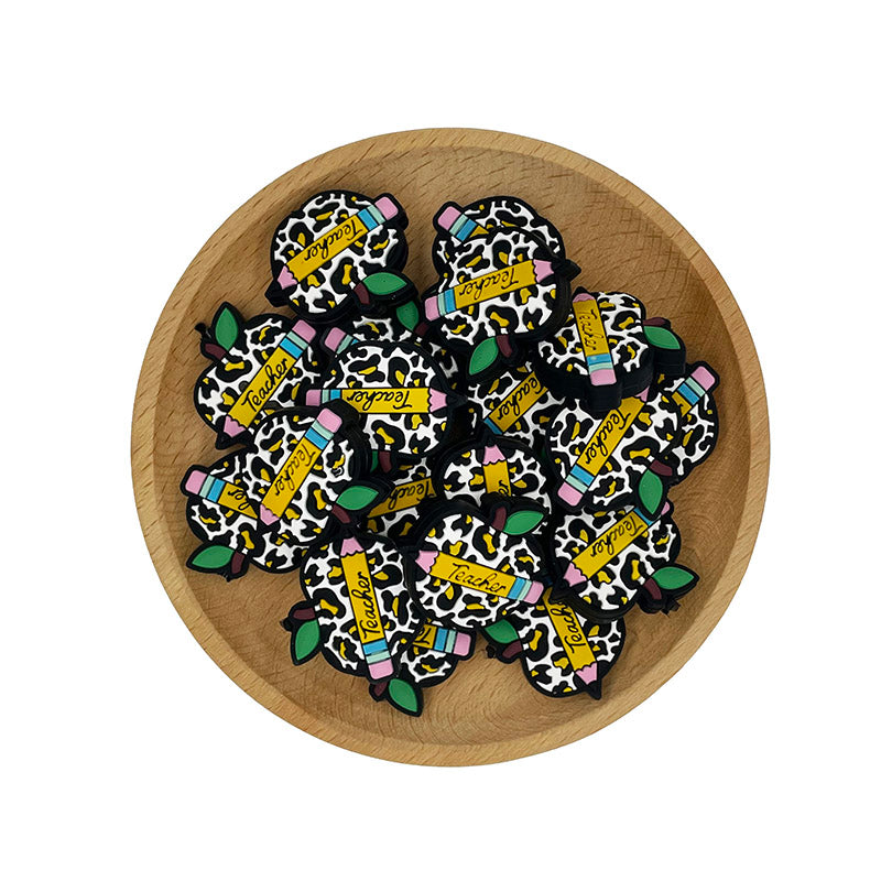 Silicone Focal Beads Apple Leopard Print Teacher Text 20pcs 2