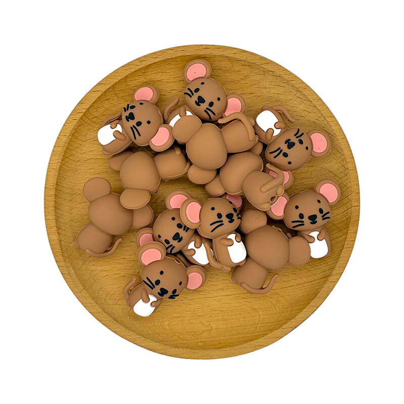 Silicone 3D Focal Beads Brown Mouse Front Facing 20pcs 2