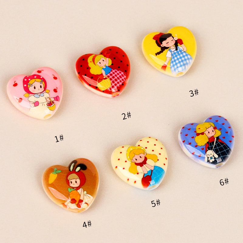Double-Sided Heart Acrylic Beads 25mm Fairy Tale Girl Pattern 10pcs 6