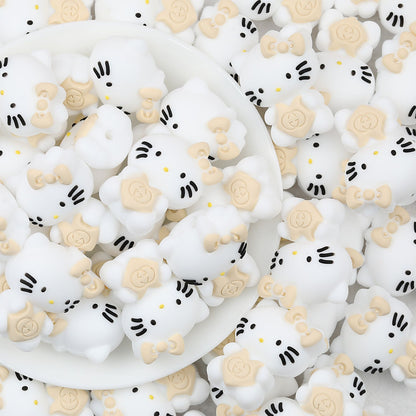3D Cute Beige Bow White Cat Silicone Focal Beads 20pcs