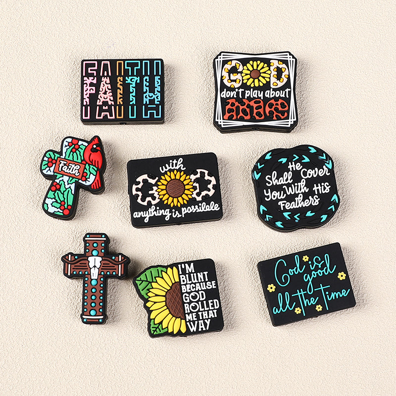Silicone Focal Beads Jesus Faith Cross With Holly Cardinal 20pcs 5
