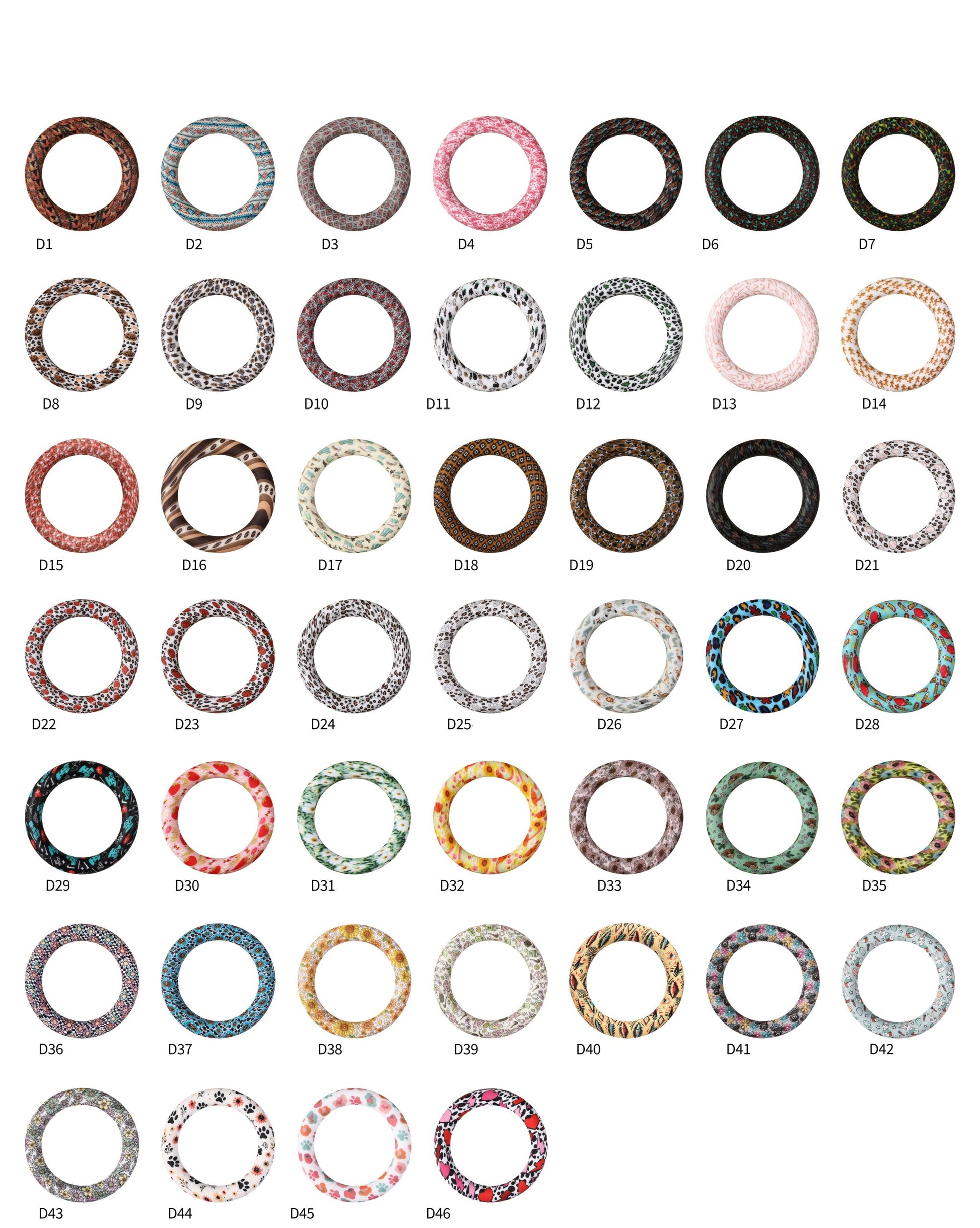 65mm Printed Silicone Beads Round Rings Floral Animal Spots Prints