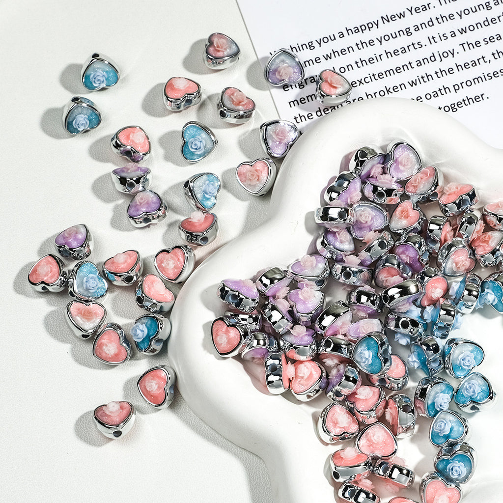 Plating Glitter Floral Heart Acrylic Beads 12mm Pastel Colors 50pcs