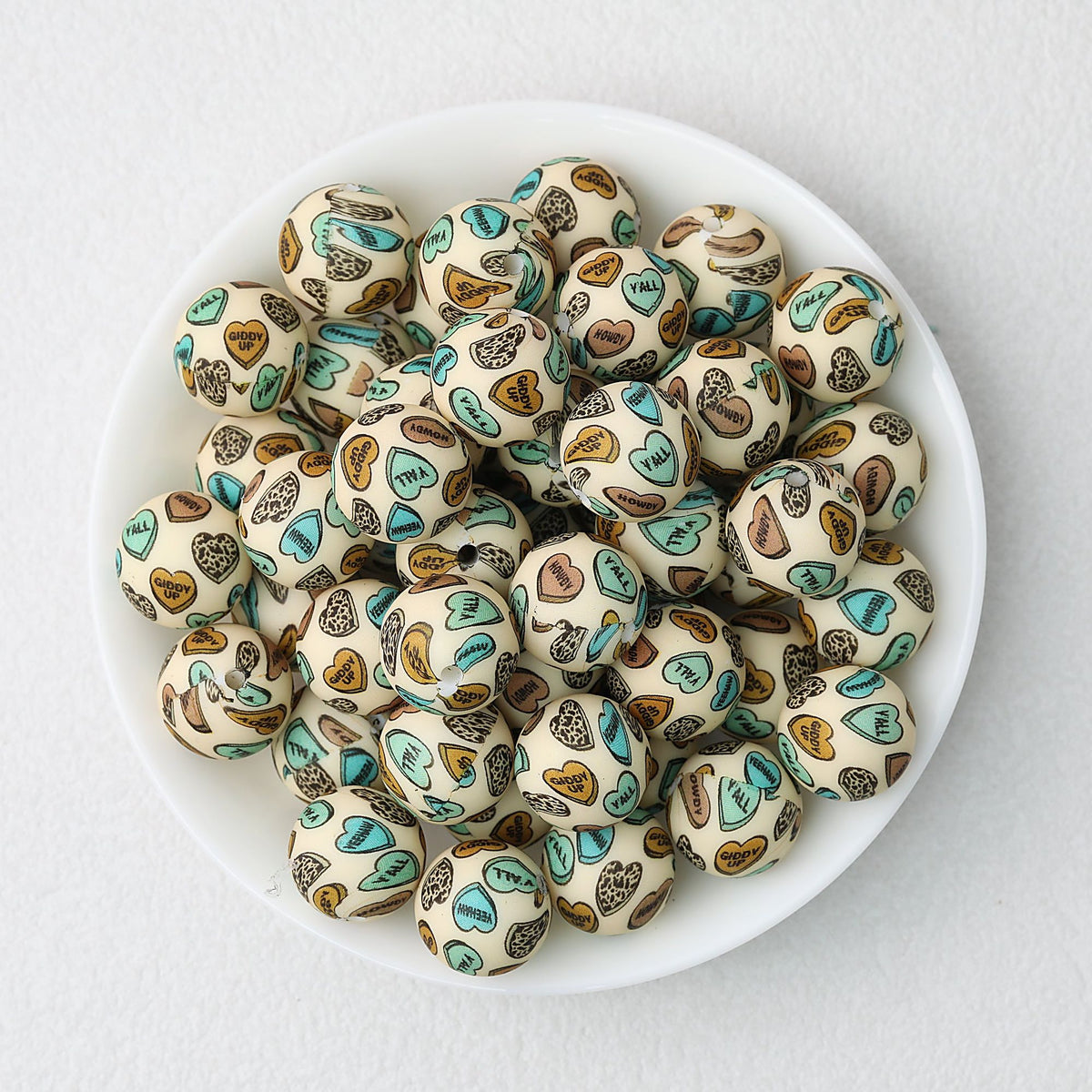 Valentine Heart Printed 15mm Printed Silicone Beads 50pcs - Beige