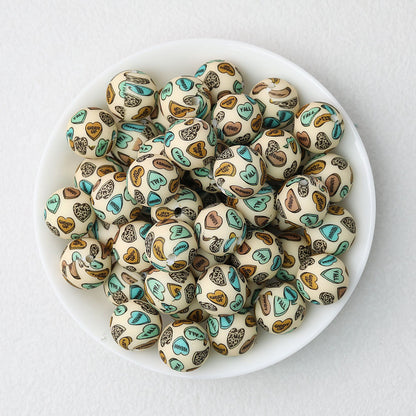 Valentine Heart Printed 15mm Printed Silicone Beads 50pcs - Beige