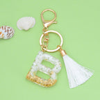 Tassel Letter A Keychain Resin Gold Flakes White Tassel 3