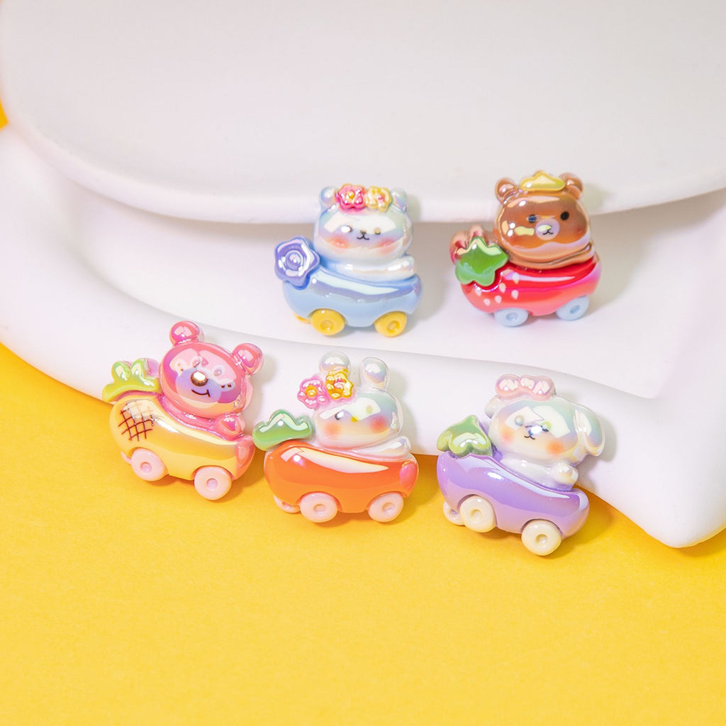 Cute Animal Driving Fruit Cart Resin Beads Glossy Mixed 10pcs 4