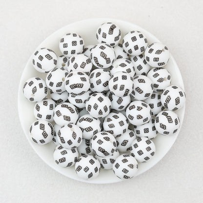 15mm Black and White Printed Round Silicone Beads 50pcs - Pattern 3