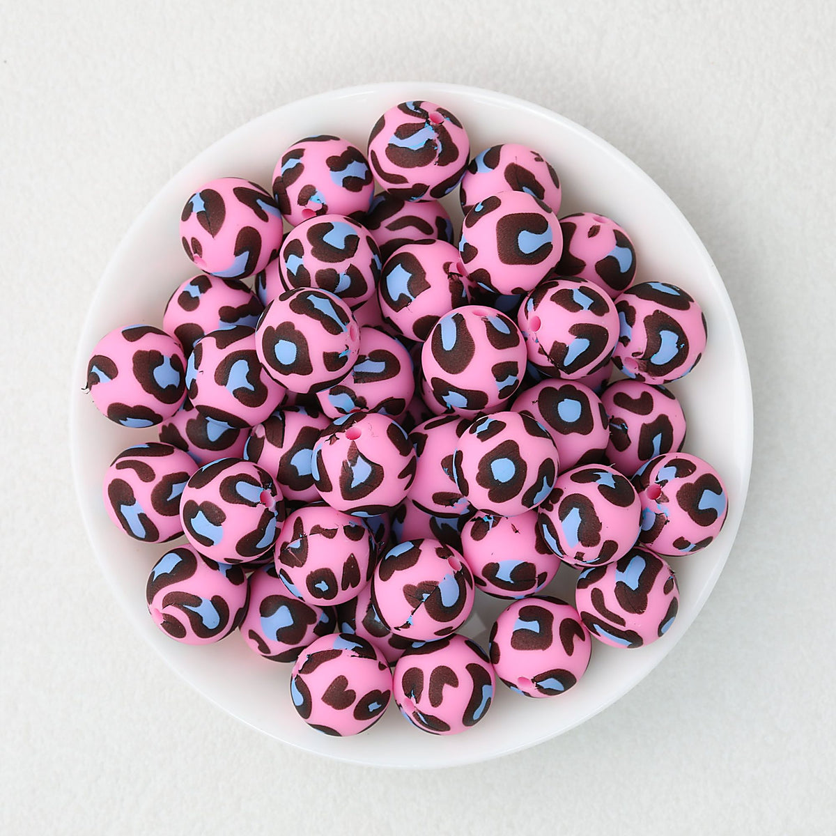 15mm Leopard Pattern Silicone Round Beads 50pcs - Blue Dot Black Leopard Pink