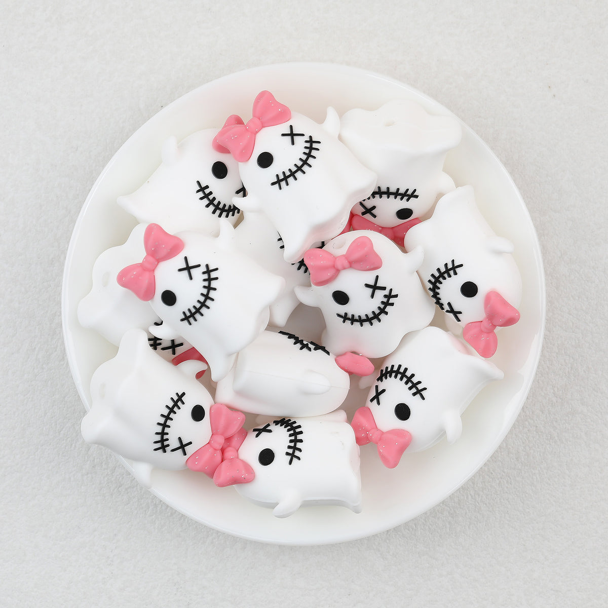 3D Ghost Bow Silicone Focal Beads Wholesale, Halloween Stitched Face Pink Accent